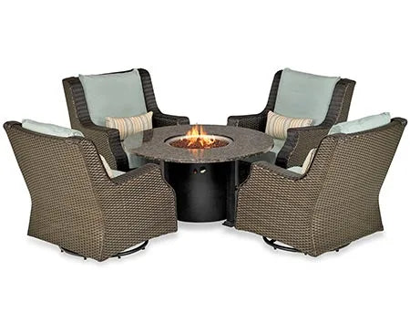 A patio furniture set consisting of a round fire pit table and four swivel chairs. The table has a granite top and a black metal base. The fire pit features blue flames and glass fire beads. The chairs have wicker frames and beige cushions.