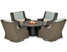 A patio furniture set consisting of a round fire pit table and four swivel chairs. The table has a granite top and a black metal base. The fire pit features blue flames and glass fire beads. The chairs have wicker frames and beige cushions.