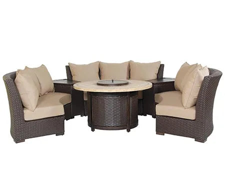 A curved sectional patio furniture set made of wicker. The set includes four chairs, two curved sofas, and a circular fire pit table with a glass top. The cushions are beige and the wicker is a dark brown color. The fire pit table has a bronze-colored base and blue flames visible.