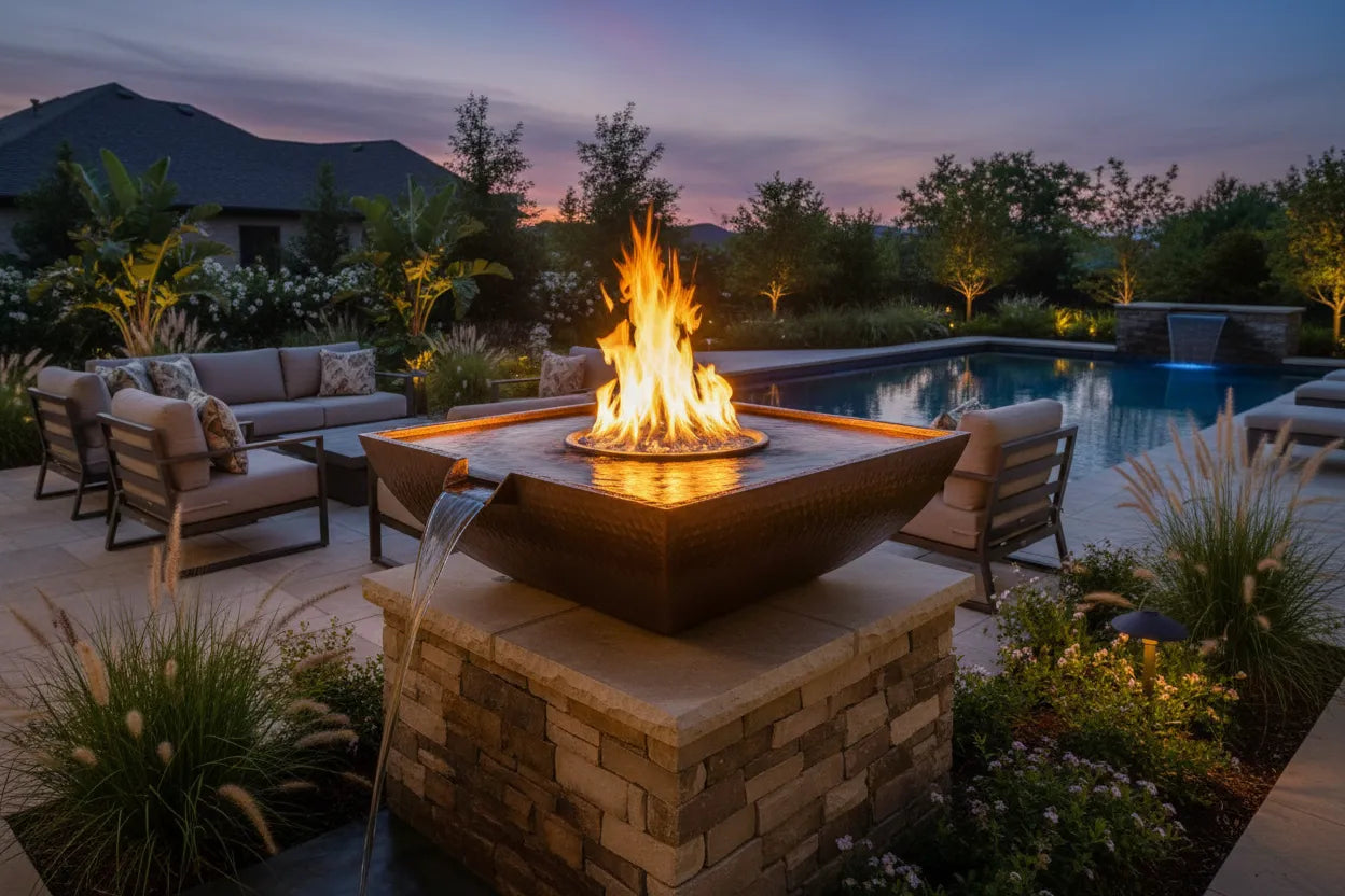 Hammered copper Sedona fire and water bowl with flames rising through cascading water in luxury outdoor courtyard at dusk
