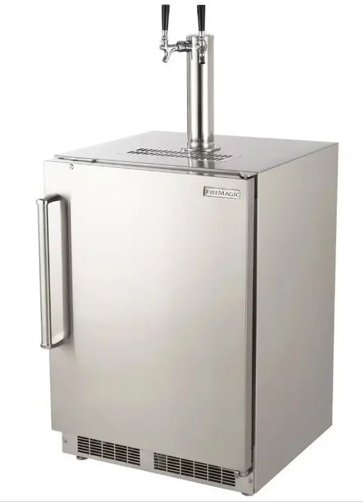 A stainless steel outdoor kegerator with two beer taps. The kegerator has a sleek, modern design and is built to withstand outdoor elements. The kegerator includes a digital temperature control panel and a lock for added security.