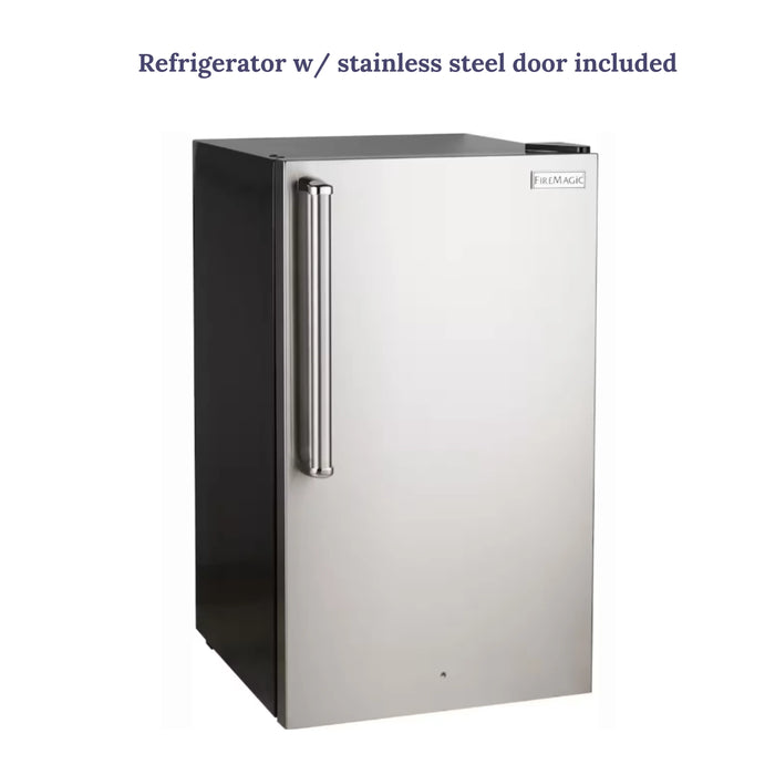 A close-up of a Fire Magic Refrigerator with a stainless steel door. The refrigerator has a sleek, modern design and a black base. The text "Refrigerator w/ stainless steel door included" is displayed above the image.