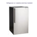 A close-up of a Fire Magic Refrigerator with a stainless steel door. The refrigerator has a sleek, modern design and a black base. The text "Refrigerator w/ stainless steel door included" is displayed above the image.