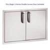 A stainless steel double access door with two doors and matching silver handles.