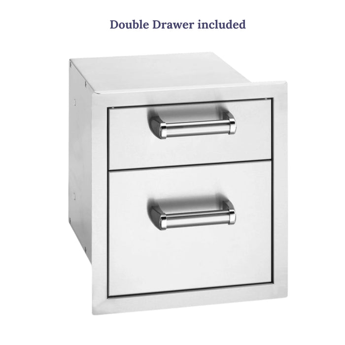 A close-up of a Fire Magic Double Drawer. The drawer is made of stainless steel with two drawers and sleek, modern handles. The text "Double Drawer included" is displayed above the image.