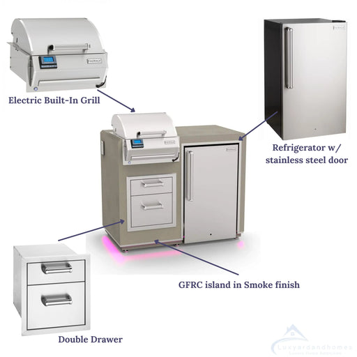 A diagram showing the components of a Fire Magic Grill Island. The image shows an electric built-in grill, a refrigerator with a stainless steel door, a GFRC island in a smoke finish, and a double drawer. Arrows point from each individual component to their corresponding part within the assembled grill island.