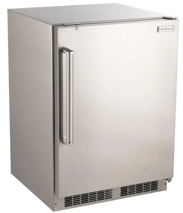 A Fire Magic 24-inch stainless steel outdoor refrigerator with a right-hinged door. The refrigerator has a sleek, brushed stainless steel finish and features a commercial-grade handle. The bottom of the unit has vents for cooling. This refrigerator is perfect for outdoor kitchens and patios, providing convenient storage for drinks and snacks.