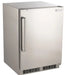 A Fire Magic 24-inch stainless steel outdoor refrigerator with a right-hinged door. The refrigerator has a sleek, brushed stainless steel finish and features a commercial-grade handle. The bottom of the unit has vents for cooling. This refrigerator is perfect for outdoor kitchens and patios, providing convenient storage for drinks and snacks.