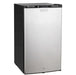 A sleek, stainless steel Fire Magic compact refrigerator with a black top. The refrigerator is standing upright on a white background. It has a single door with a handle and a built-in lock.