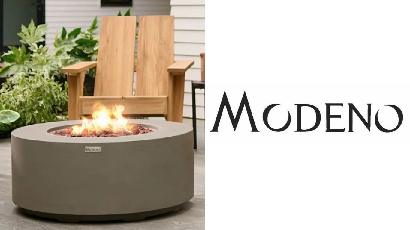 round modeno fire pit table in courtyard