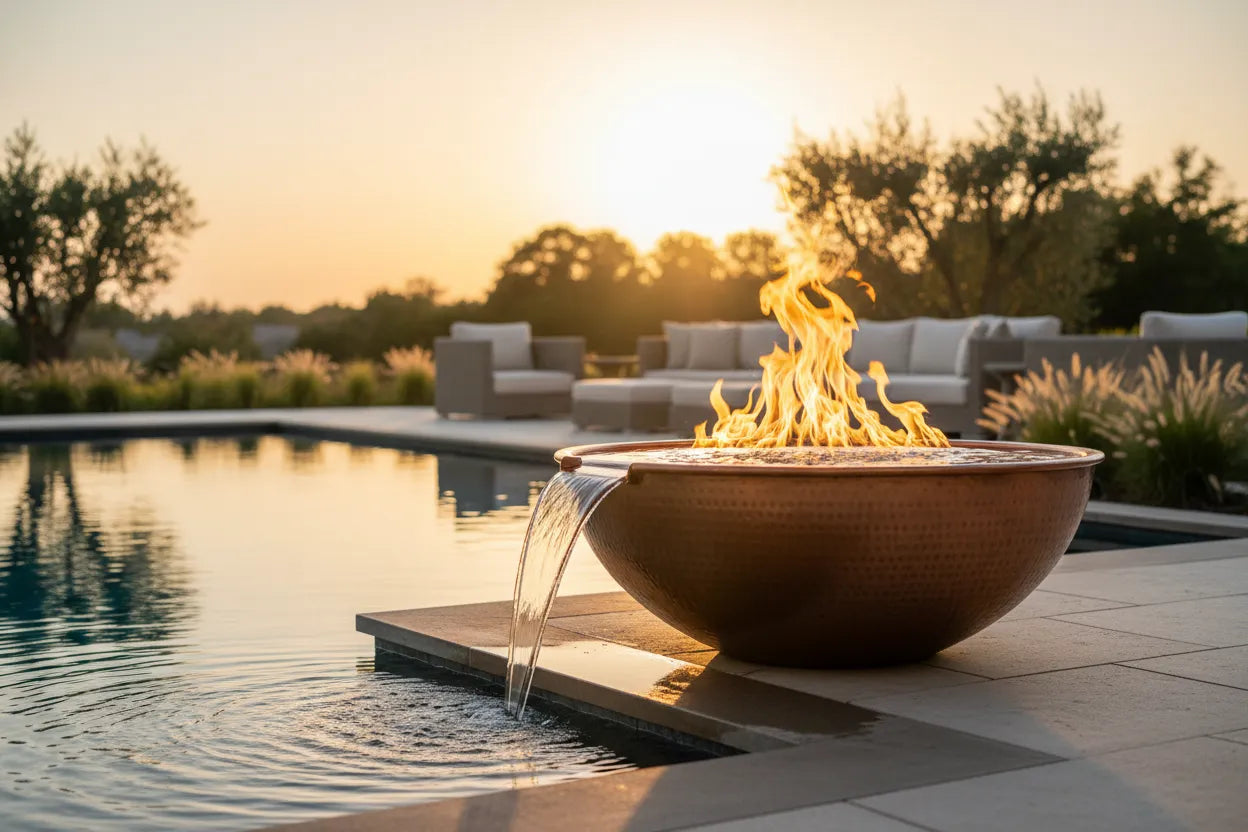 HPC Fire Tempe 31-inch round hammered copper fire and water bowl with flames rising through cascading water, positioned poolside in luxury outdoor living space at sunset