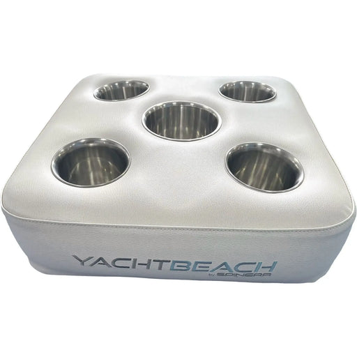 Silver cup holder with five compartments on a white background, featuring 'Yachtbeach' branding.