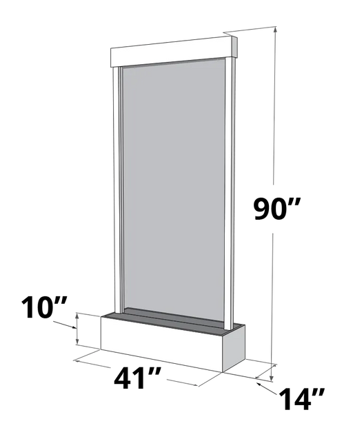 
A 3D rendering of the Adagio HRF3540 Harmony River Flush Mount Wall Fountain, set against a transparent checkered background. The fountain is depicted as a tall, rectangular structure with a light-colored or white frame and a gray panel, representing the water surface or mirror. Dimensions are indicated on the image: "90"" (90 inches) for height on the right side, "43"" (43 inches) for width at the bottom, and "14"" (14 inches) for depth also at the bottom. "10"" (10 inches) is also written on the left sid