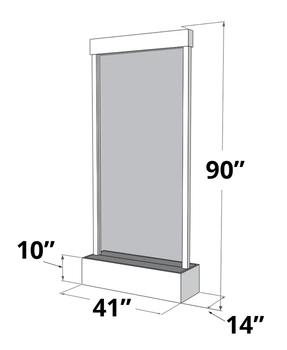 
A 3D rendering of the Adagio HRF3540 Harmony River Flush Mount Wall Fountain, set against a transparent checkered background. The fountain is depicted as a tall, rectangular structure with a light-colored or white frame and a gray panel, representing the water surface or mirror. Dimensions are indicated on the image: "90"" (90 inches) for height on the right side, "43"" (43 inches) for width at the bottom, and "14"" (14 inches) for depth also at the bottom. "10"" (10 inches) is also written on the left sid