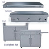 A stainless steel Le Griddle gas griddle with a matching stainless steel lid and a rolling cart with storage. The image shows the griddle, lid, cart, and the complete set assembled together.