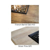 Two close-up images of the reclaimed wood tabletop options for the fire pit table. The top image shows French Barrel Oak (FO) with a rich brown tone. The bottom image shows Silver Pine (SP) with a light, weathered gray finish.
