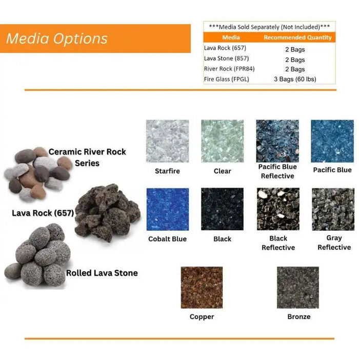 A variety of volcanic rocks in different sizes and colors, commonly used as fire pit media. Colorful volcanic rocks in various shapes and sizes for use in fire pits. Fire pit media options: lava rock, ceramic river rock, cobalt blue, black reflective, copper, and bronze. 