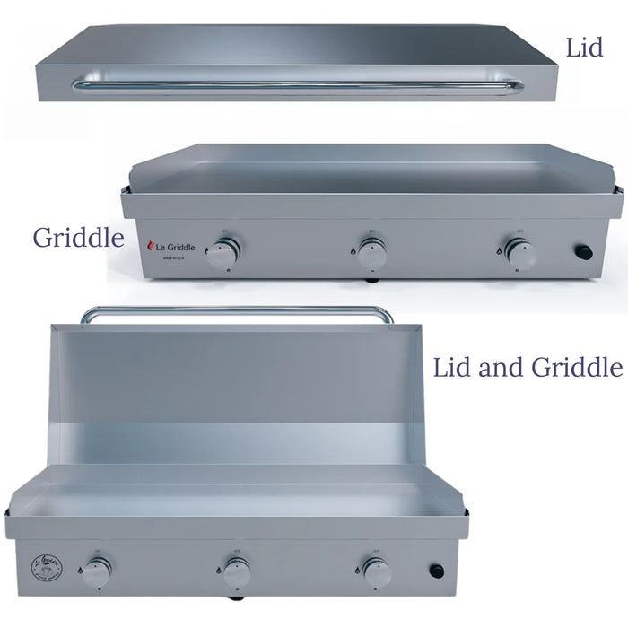 A stainless steel Le Griddle gas griddle with a matching stainless steel lid. The griddle and lid are shown separately and together.