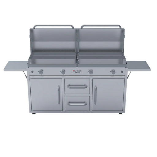 A stainless steel Le Griddle gas griddle with two cooking surfaces, a center handle, two folding side shelves, and a cabinet with two doors and two drawers.