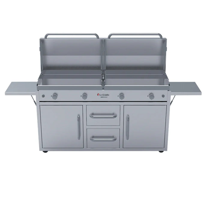 A Le Griddle gas griddle featuring two separate cooking surfaces, each with its own set of controls, a center handle, two folding side shelves, and a cabinet with two doors and two drawers for storage