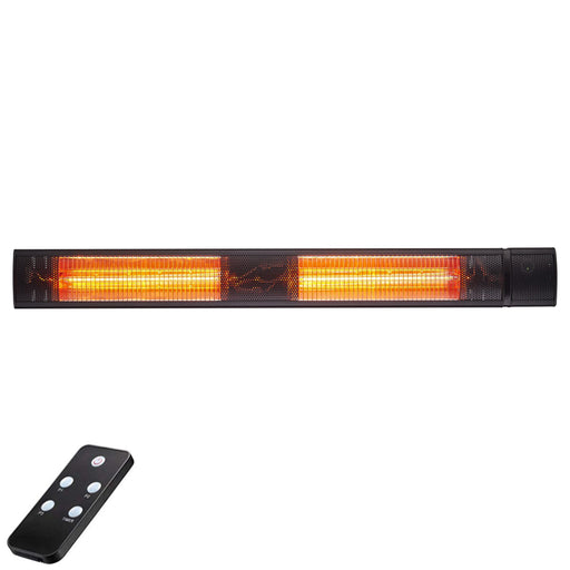 A black RADtec 38" Golden Tube Electric Patio Heater with a glowing golden tube element. A remote control is also shown on a white background.