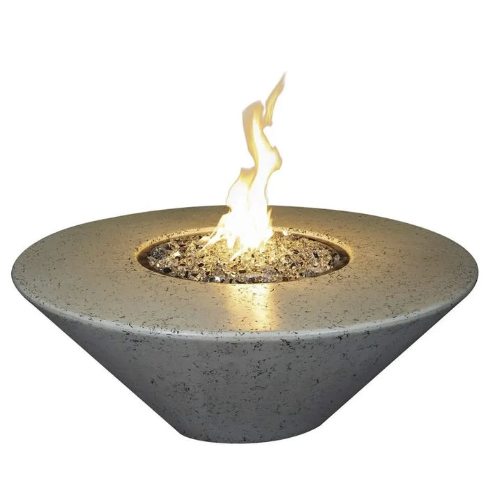 44 inch round gas fire  pit table with fire glass burning in the middle of the pit. There is yellow and orange flames coming out. The fire pit table is on a white background