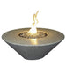 44 inch round gas fire  pit table with fire glass burning in the middle of the pit. There is yellow and orange flames coming out. The fire pit table is on a white background