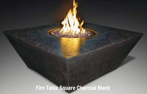 charcoal black square fire pit table with small round fire pit burning vesper black fire glass