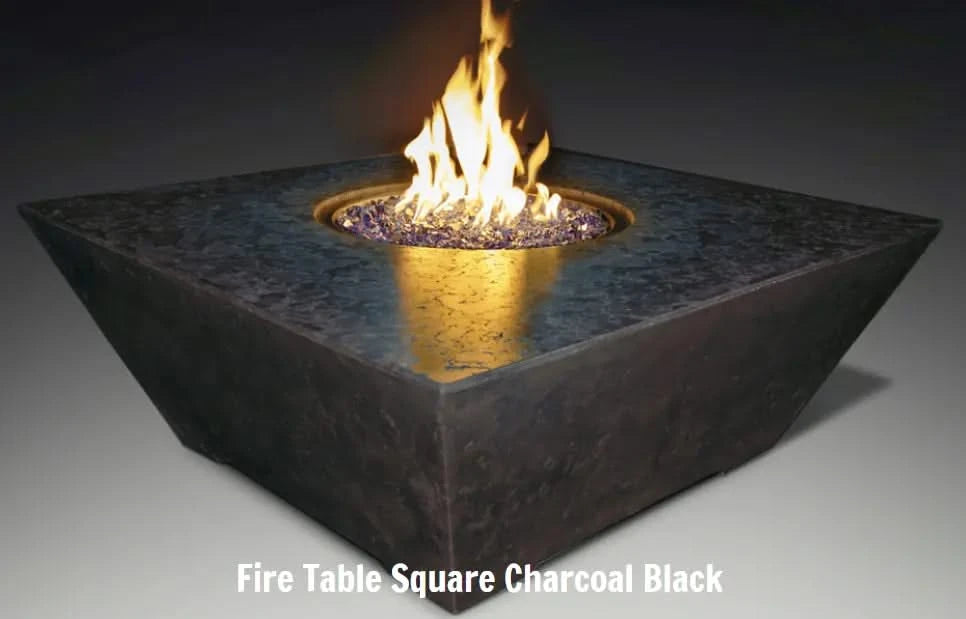 charcoal black square fire pit table with small round fire pit burning vesper black fire glass