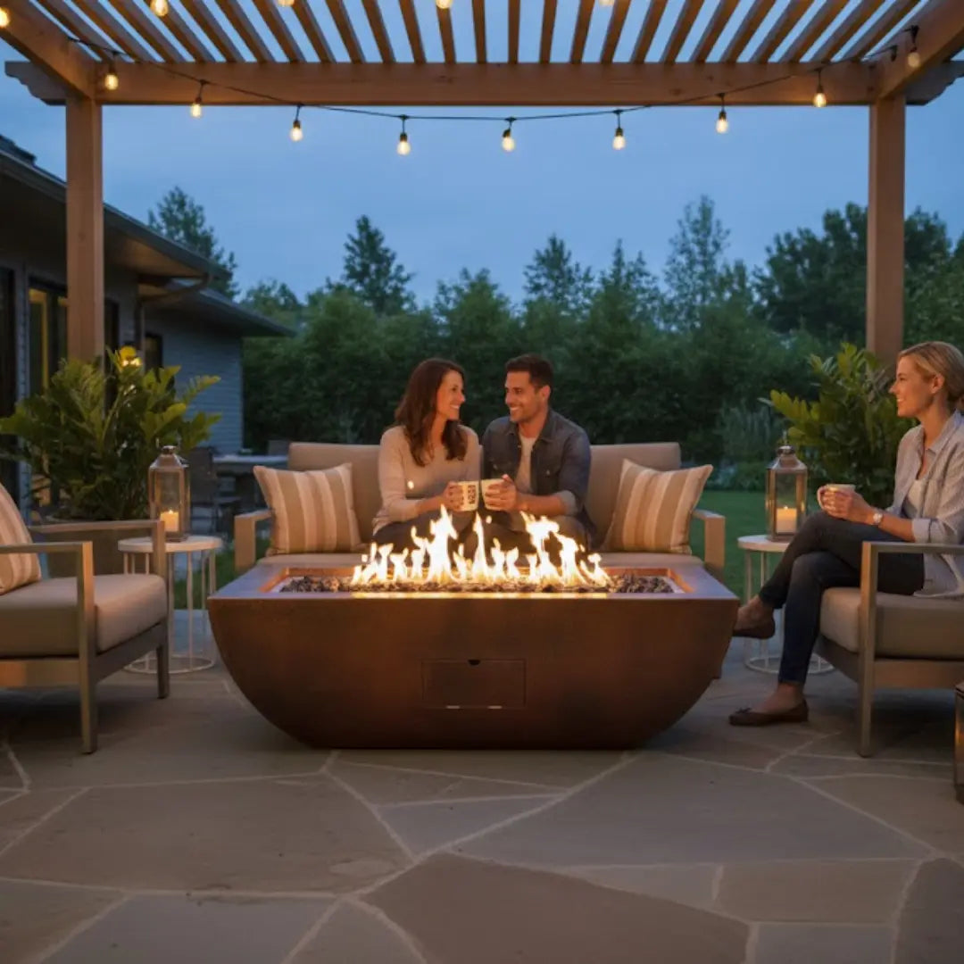 Phoenix hammered copper fire bowl with H-Burner flames in luxury outdoor patio with people gathered at dusk