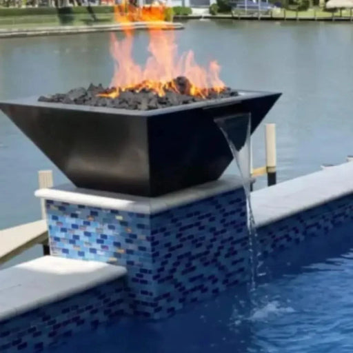 Black metal HPC Fire's Sedona fire pit with water bowl in a stainless steel mesh screen and a log grate. Sits on a black metal stand with four legs.