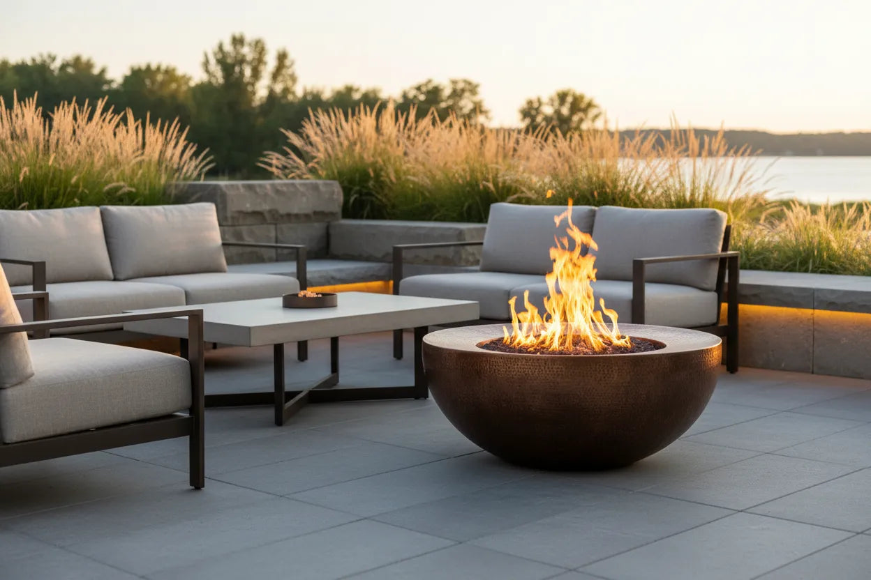 Hand-hammered copper fire bowl with oil-rubbed bronze patina centerpiece in modern outdoor living space at sunset with contemporary furniture and flames
