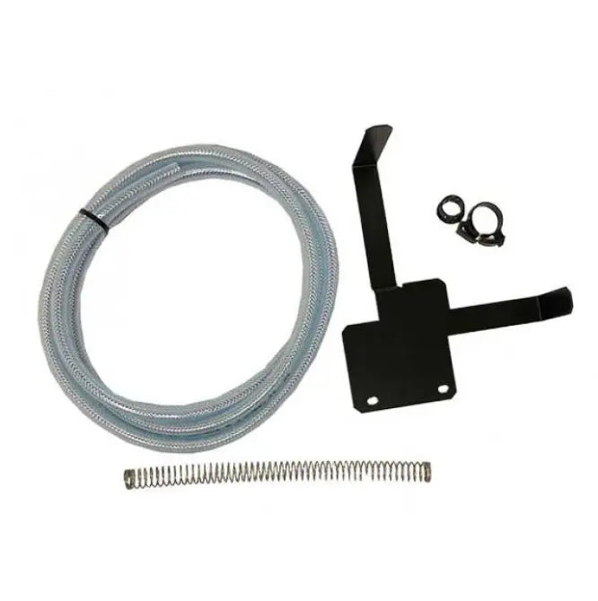 A set of drain pump parts for ice makers. It includes a coiled metal spring, a length of flexible braided metal hose, a flat metal bracket with two holes, and two metal hose clamps.