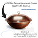 A round, hammered copper fire pit bowl lid with a curved handle. The lid is a shiny copper color and sits on a white background. Text on the image reads "HPC Fire Tempe Hammered Copper Gas Fire Pit Bowl Lid. Sold Separately. Email us at sales@luxyardandhomes.com