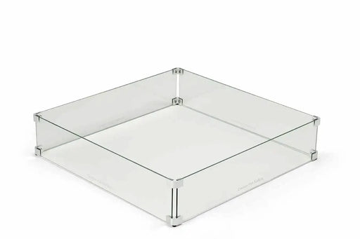 Square glass wind guard for fire pit. Clear tempered glass, aluminium frame. Protects from wind.