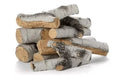 A close-up image of a stack of 16 cast concrete fire logs designed to look like birch wood. The logs are various shades of gray and have realistic details like knots and cracks. They are stacked together on a white background.