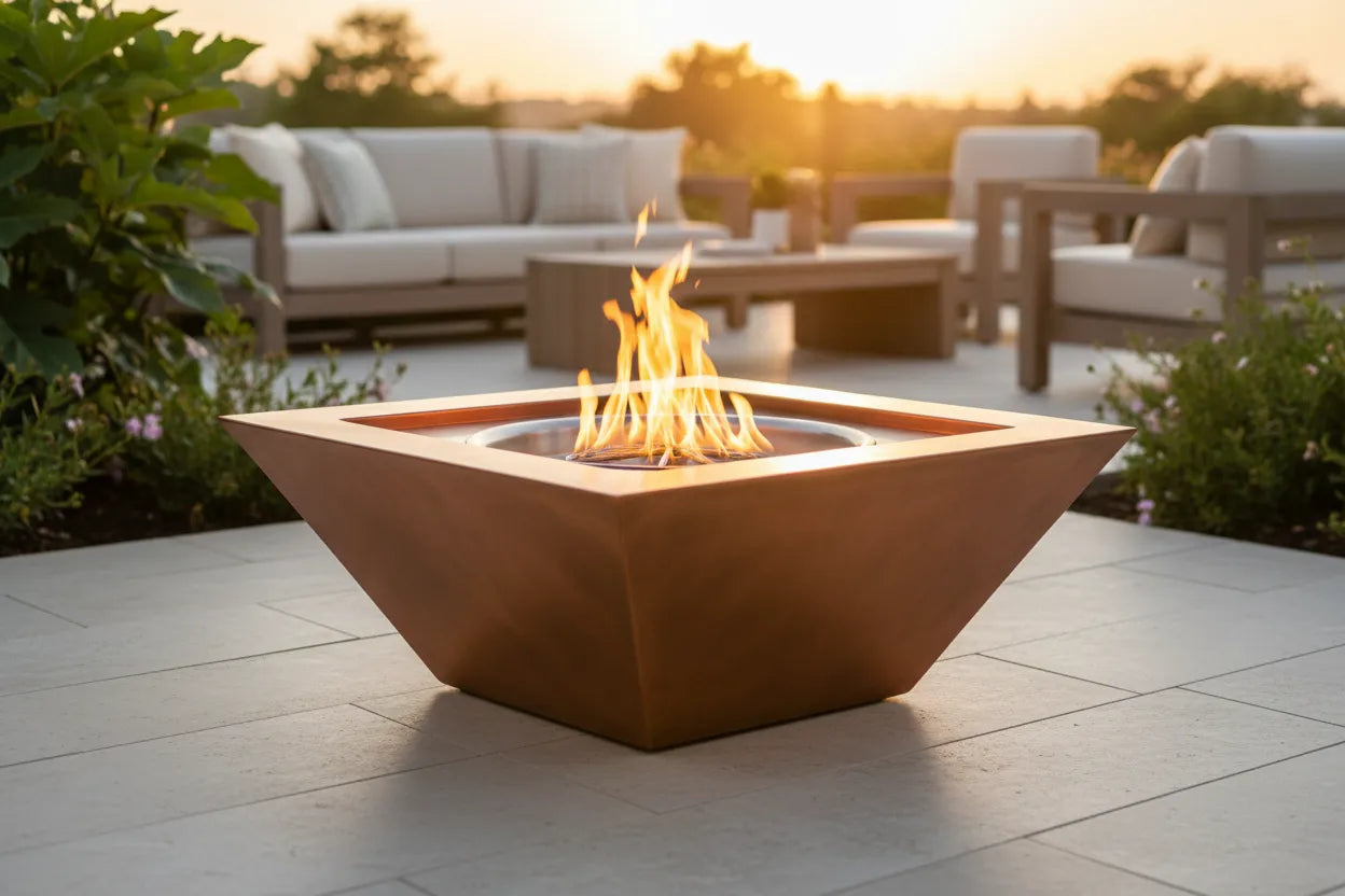 Sierra square copper fire bowl with smooth bronze patina and penta burner on modern outdoor patio at golden hour