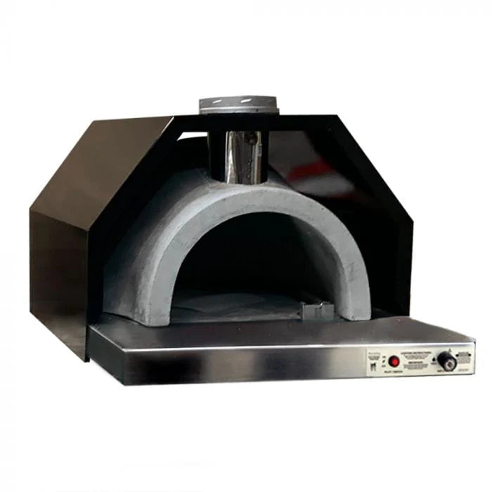 A stainless steel table with a pizza oven on top. The pizza oven is made of red brick and has a stainless steel door. The door is open and there is a light on inside the oven.