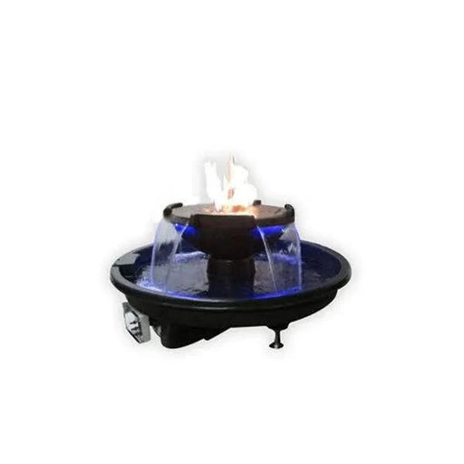 A round, concrete fire pit with a black finish. In the center of the fire pit is a stainless steel gas burner with a large flame burning on the water's surface. The fire pit is surrounded by a shallow bowl of water.