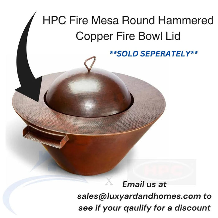 A round, hammered copper lid designed to cover a fire pit. The lid has a smooth, polished surface with a warm reddish-brown color. Text on the image reads "HPC Fire Mesa Round Hammered Copper Fire Bowl Lid. Sold Separately