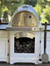 Close-up image of a brochure showcasing the HPC Villa Series Built-In Outdoor Pizza Oven. The stainless steel oven features a sleek glass tile front and sits on a stainless steel countertop.