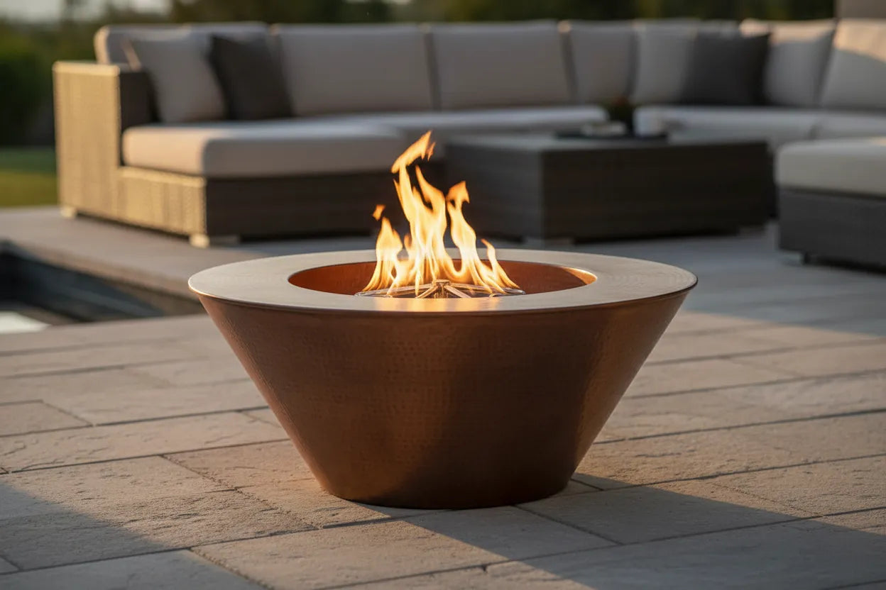 32-inch copper gas fire bowl with flames on premium outdoor patio with modern seating
