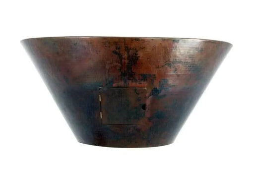 A round, copper bowl with a small, hinged door in the center. The bowl has a hammered texture and a reddish-brown color. The background is white. This product is called the Mesa Hand Hammered Copper Fire Bowl by HPC.