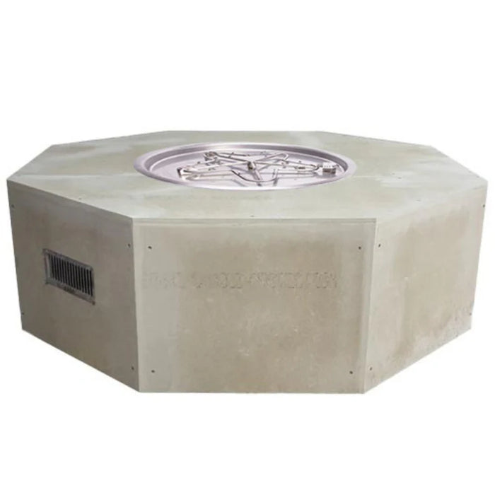 An unfinished octagon fire pit made from concrete with a stainless steel top, perfect for customizing your outdoor space. This HPC fire pit enclosure includes an opening for a gas fire pit kit 