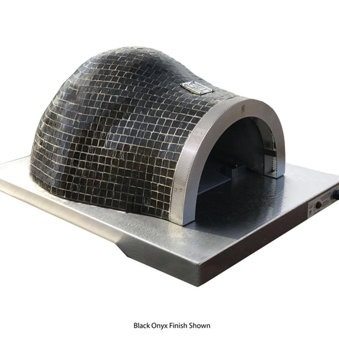 A mosaic-tiled pizza oven with a stainless steel base. The oven is on a white background.