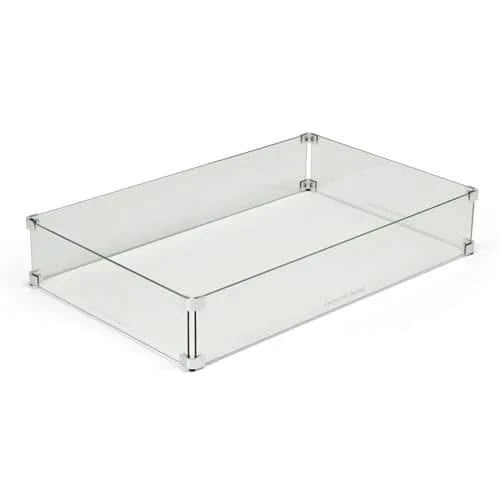 A clear glass container with a white tray on a white background. The container has a rectangular shape with rounded corners. It sits on a separate white tray with a slightly raised edge. 