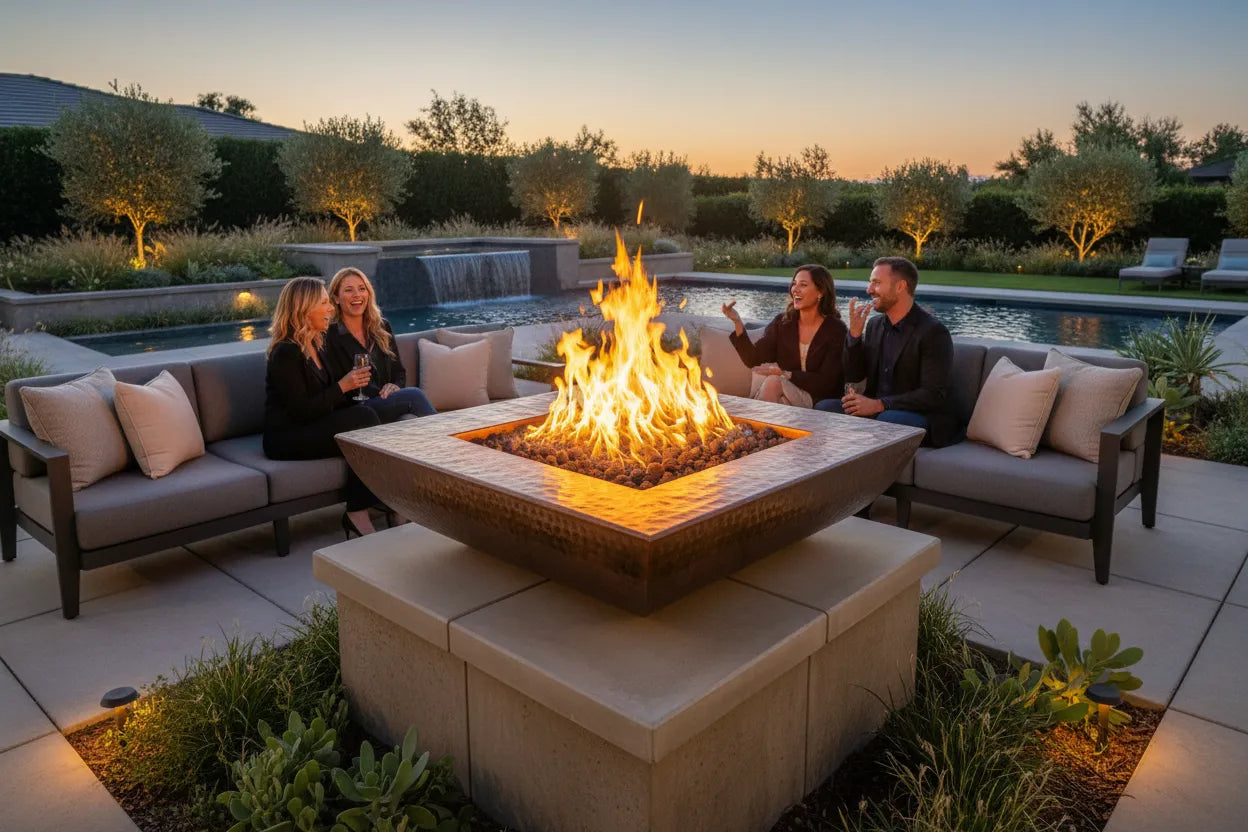 Hammered copper Sedona fire bowl with flames and rich bronze patina in luxury outdoor living space at dusk