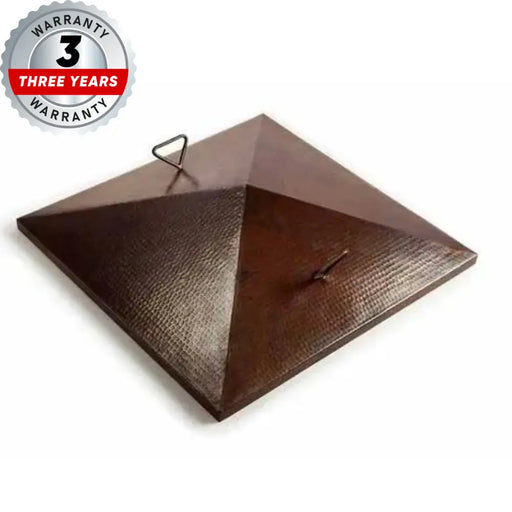 Stainless steel square gas fire bowl lid with a square base and a decorative cutout on the front panel.