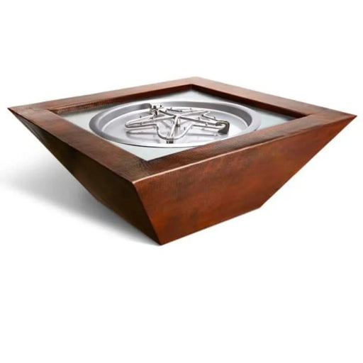 Square, hammered copper gas fire bowl with oil-rubbed bronze finish and stainless steel burner. Sits on a black, square base with a water feature in the base.