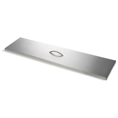silver stainless steel lid for linear rectangle fire pits on a white background